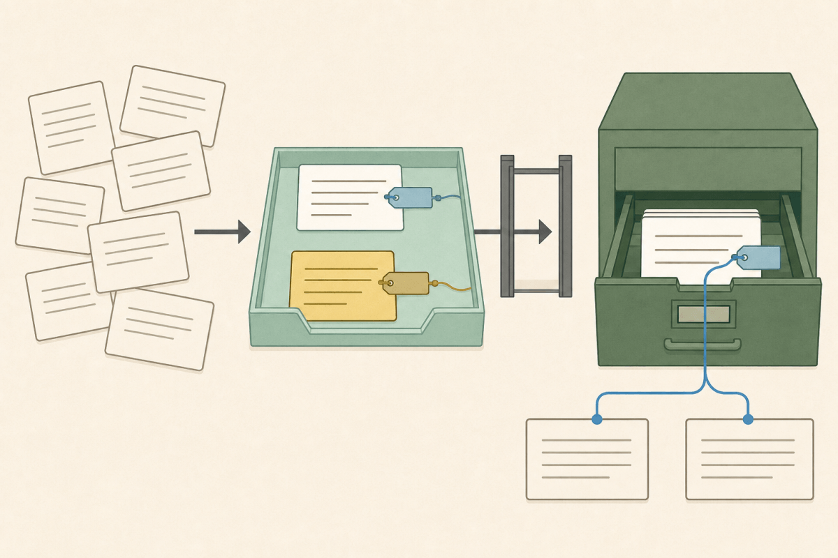 Conceptual illustration of conversation cards entering a review tray, an admitted card crossing a promotion gate into durable memory, a quarantined card remaining outside, and a thread linking the admitted record to two derived summaries.