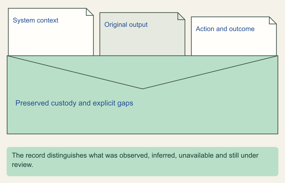 An evidence envelope joins system context, original output, action and consequence while preserving custody and explicit gaps.