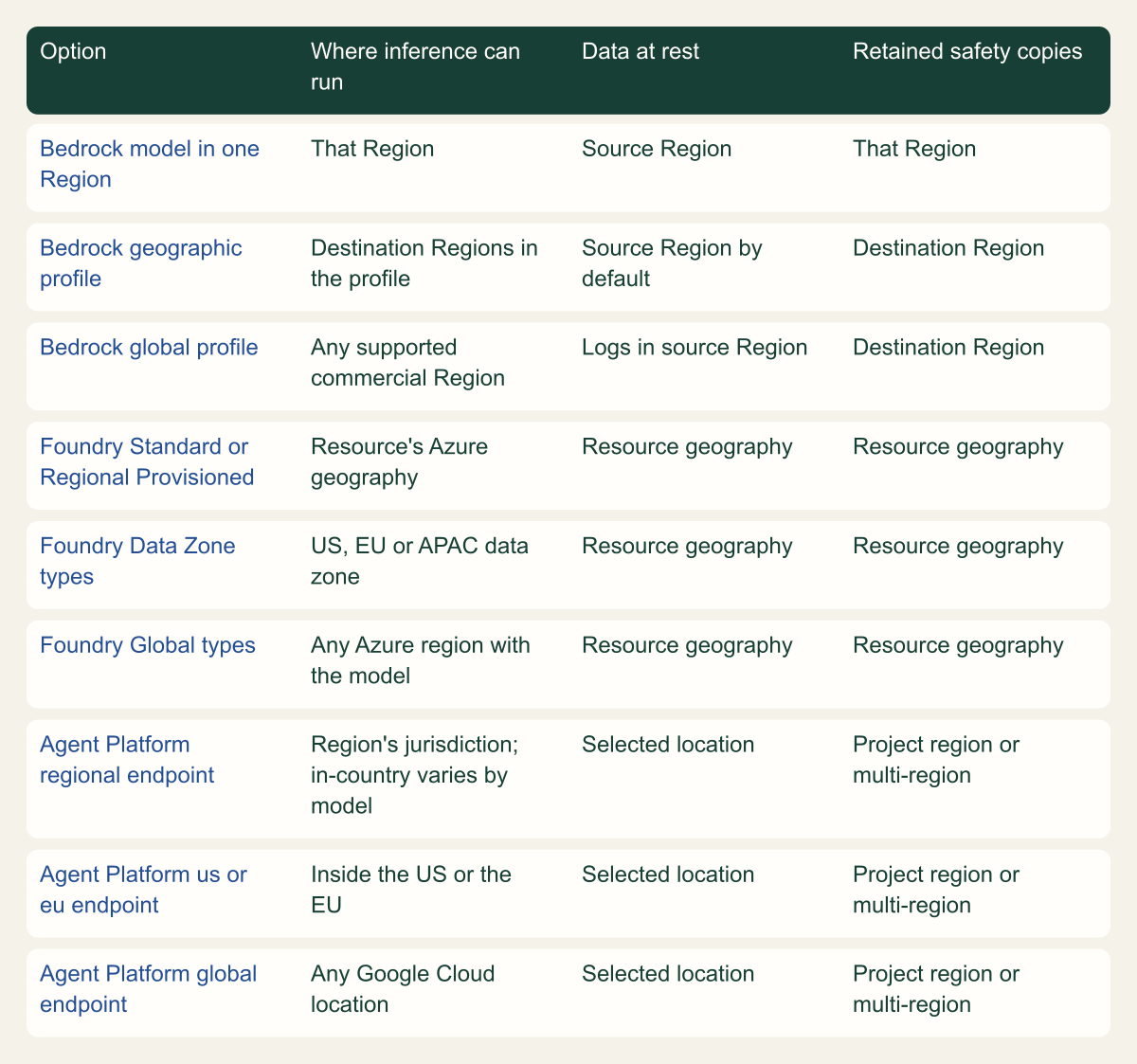 Matrix of nine deployment options across Amazon Bedrock, Microsoft Foundry and Gemini Enterprise Agent Platform, showing where inference can run, where data at rest is kept and where provider-retained safety copies are stored.