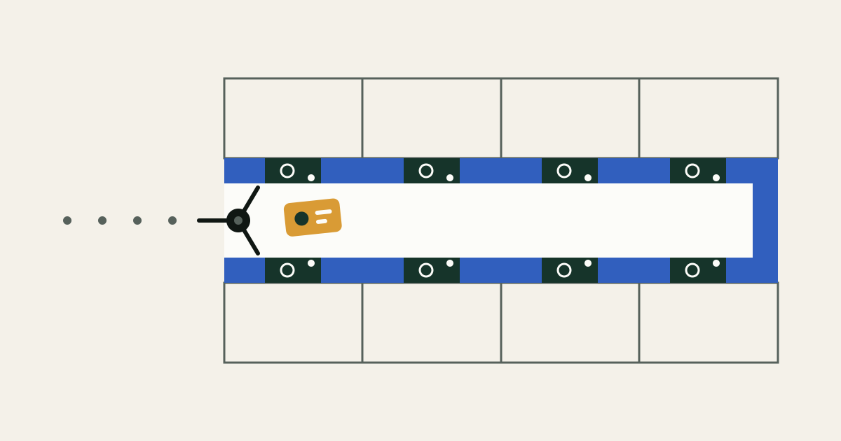Floor plan of a corridor. A three-armed turnstile at the open end has just let one amber ticket with a dark round mark through, while eight closed dark doors along both blue walls each carry only an empty white ring.