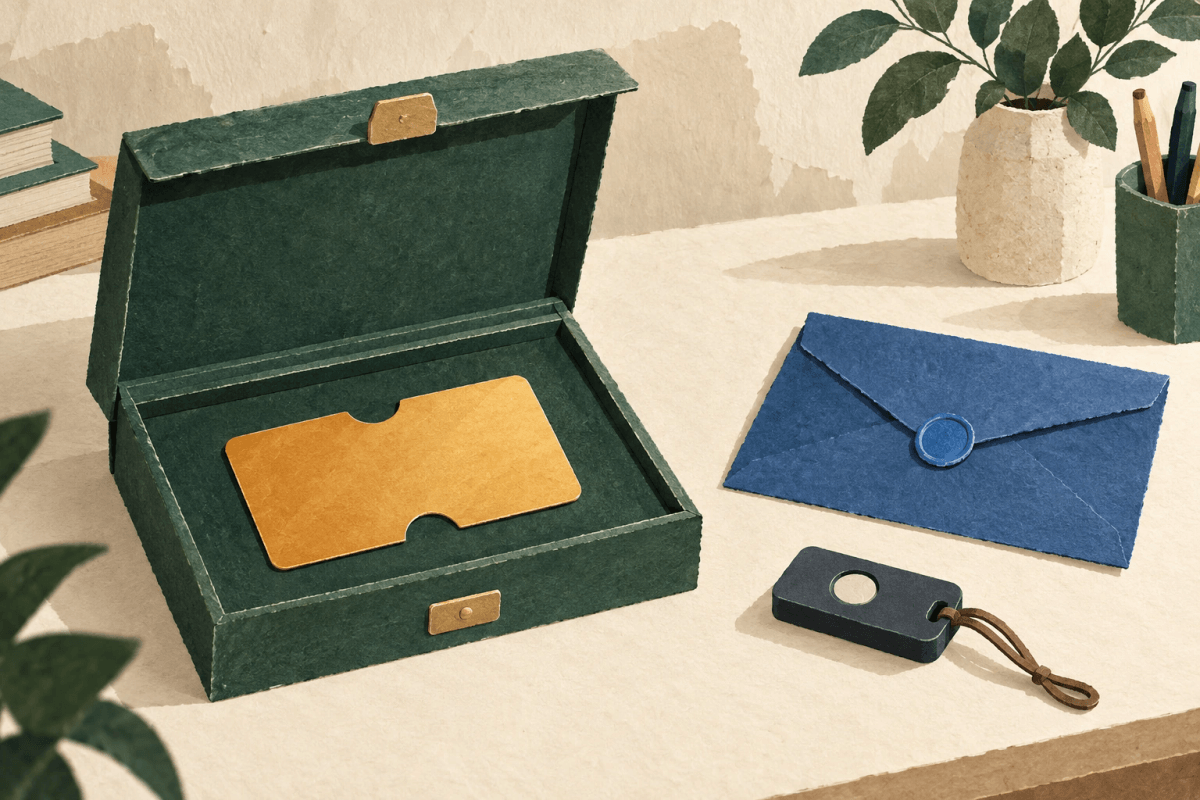 An amber access card rests in a document case beside a separate blue envelope and authenticator.
