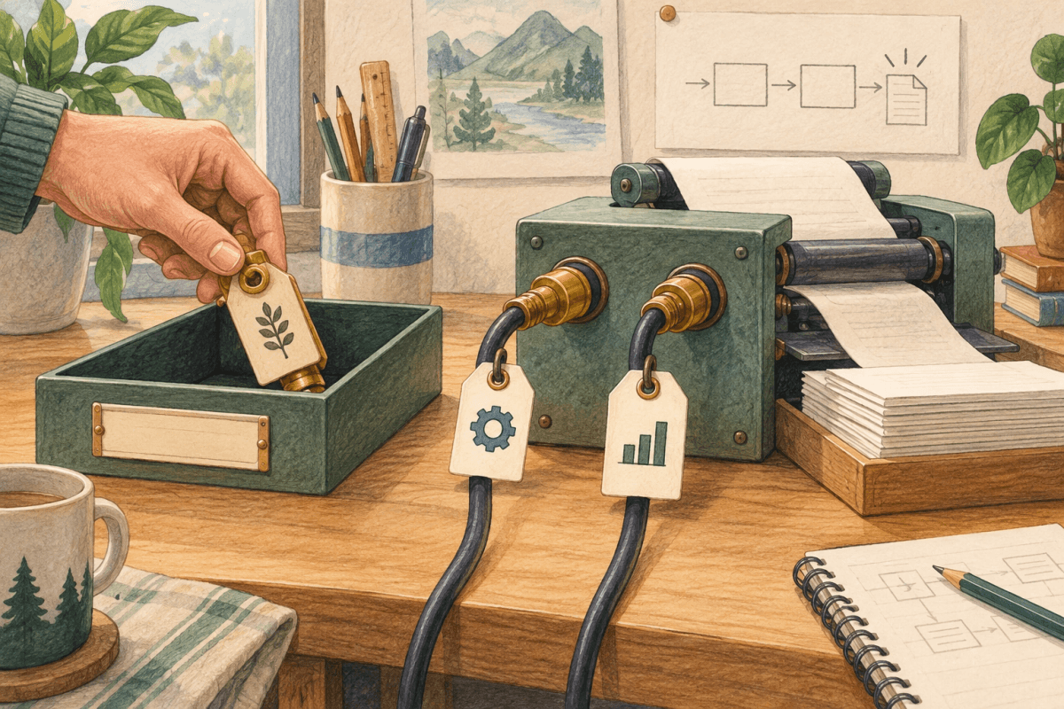 A disconnected brass plug moves into an archive tray while two connected plugs continue powering a paper machine.