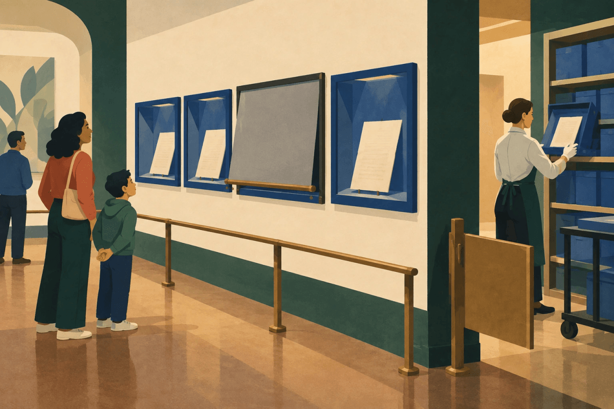 An adjustable screen closes a public opening to blue document cases while a staff passage remains available.
