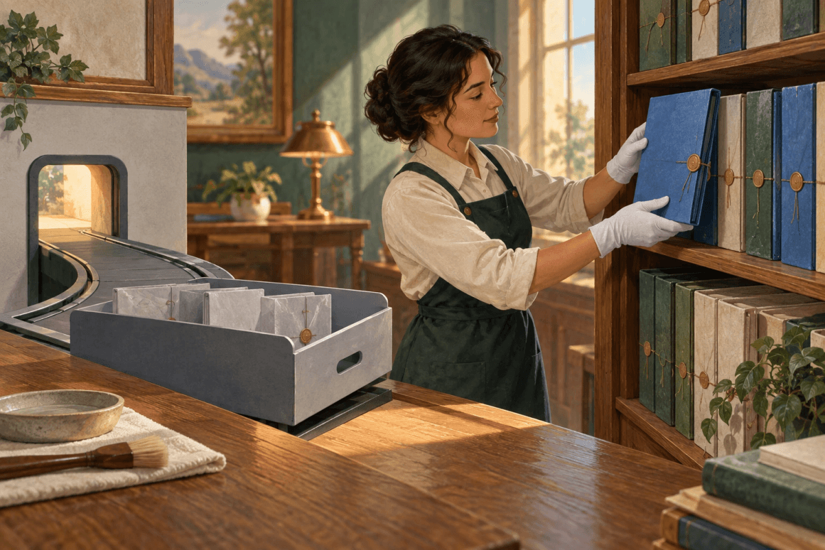 A conservator moves a blue folio from a temporary holding drawer back to an archive.