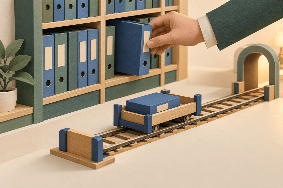 A removed folio returns from a bounded holding track to its original archive shelf.