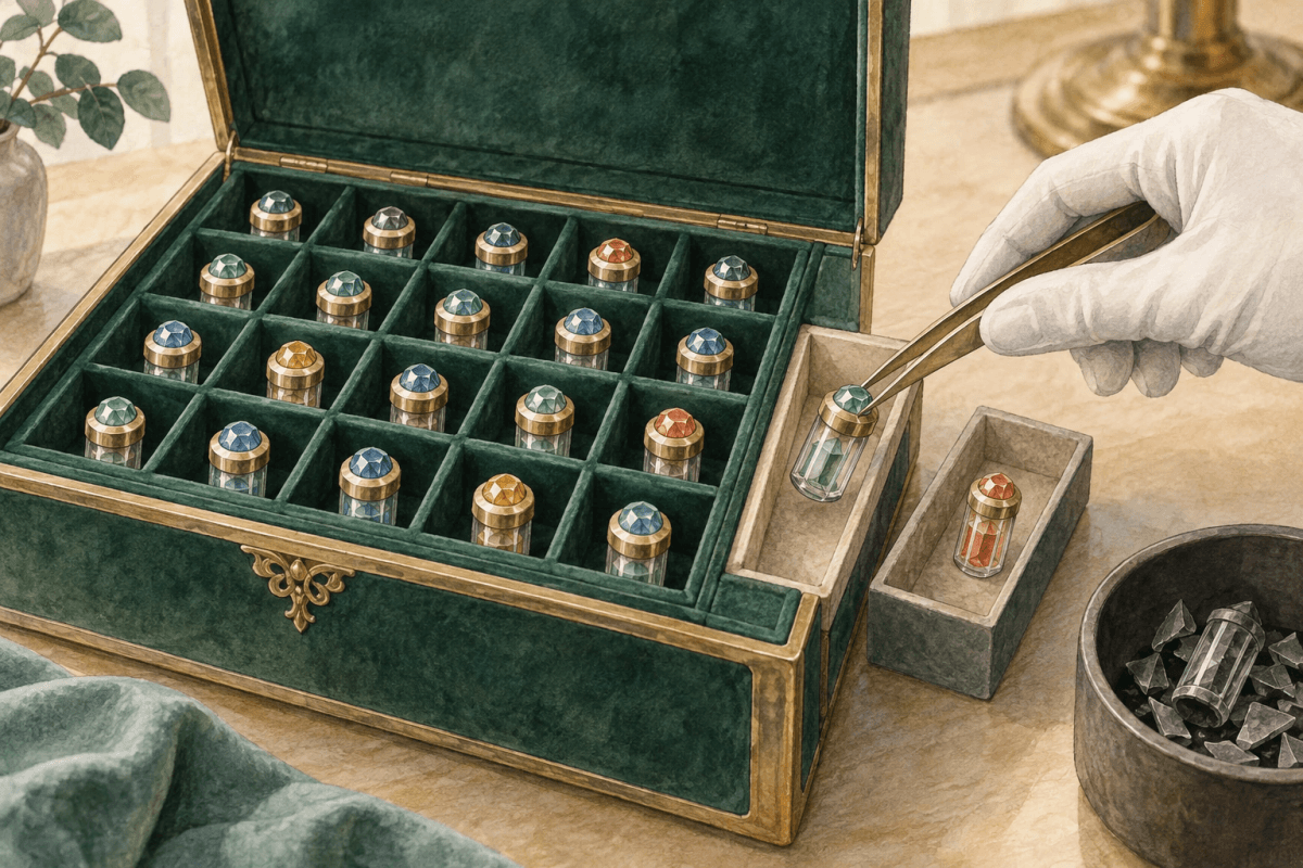 A retrieval tool returns a sealed capsule from a side compartment to its slot in a small archive.