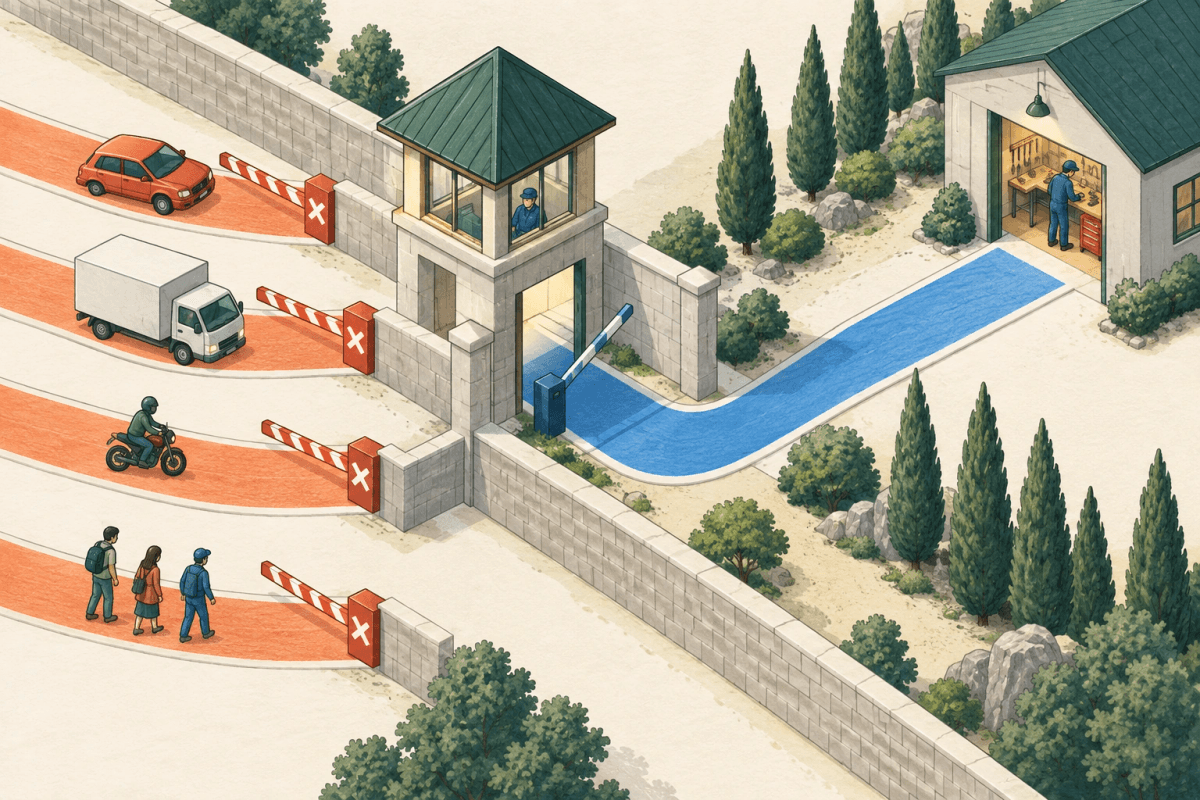 A gatehouse admits a narrow blue maintenance path while broad orange paths stop at its boundary.