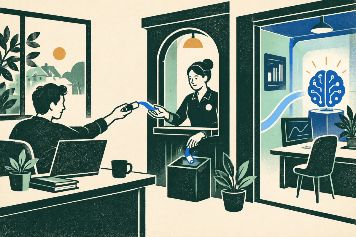 A person passes a short blue ribbon through an identity ticket window beside an analytic studio.