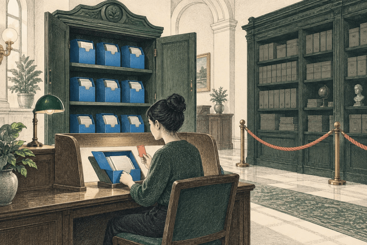 A visitor examines grouped blue folders in one cabinet while an adjacent archive remains beyond the viewing desk.