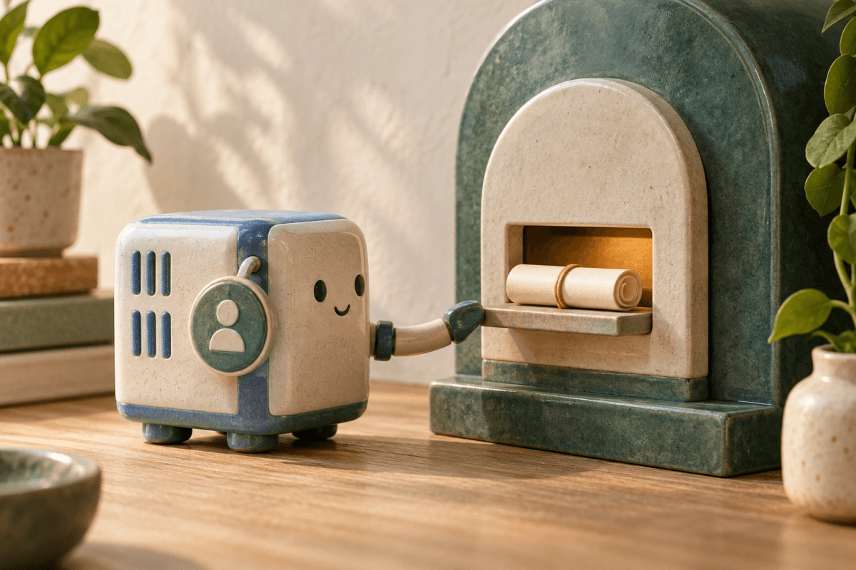 A ceramic machine presents its attached identity medallion to a dispenser that releases one rolled document.