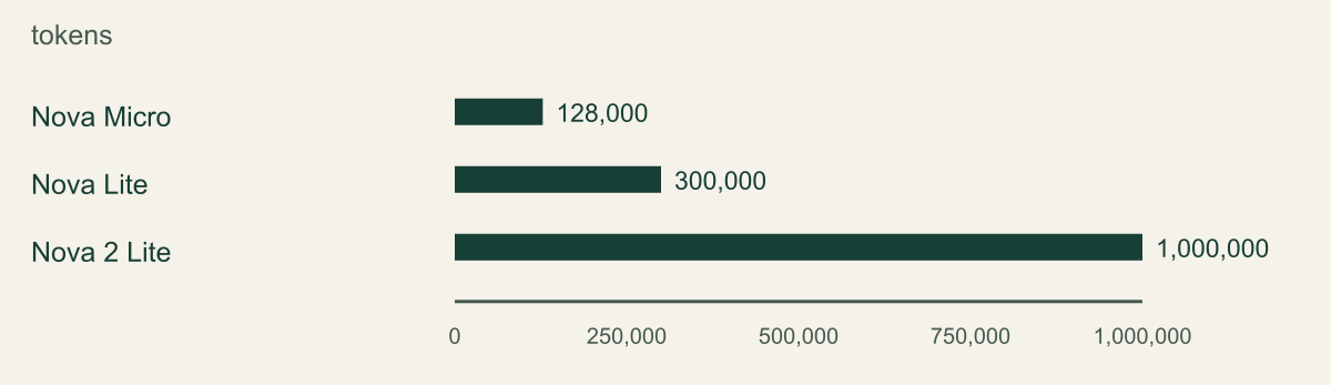 Context capacity differs from token-counting support. Context capacity from three active Nova model cards, not an inference benchmark or CountTokens support matrix. K and M expanded as decimal thousands and millions.