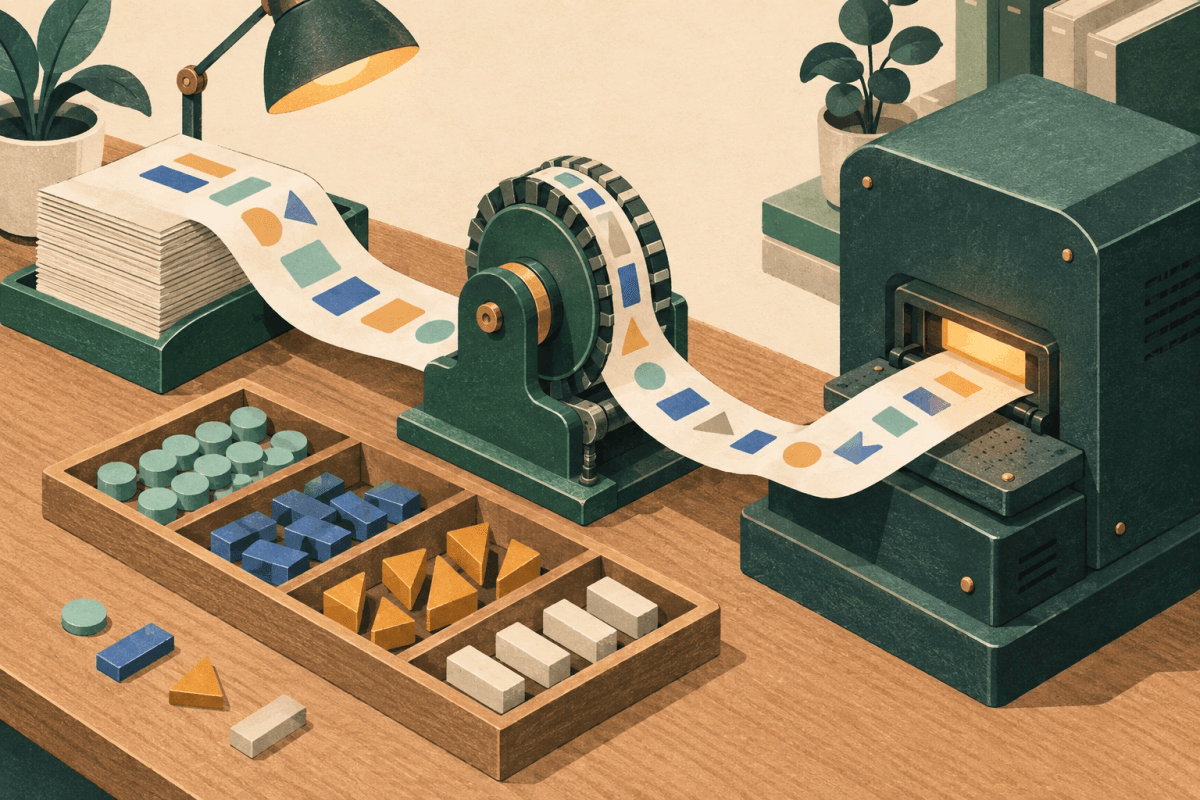 A folded paper message passes through a measuring wheel before reaching a miniature computing press.