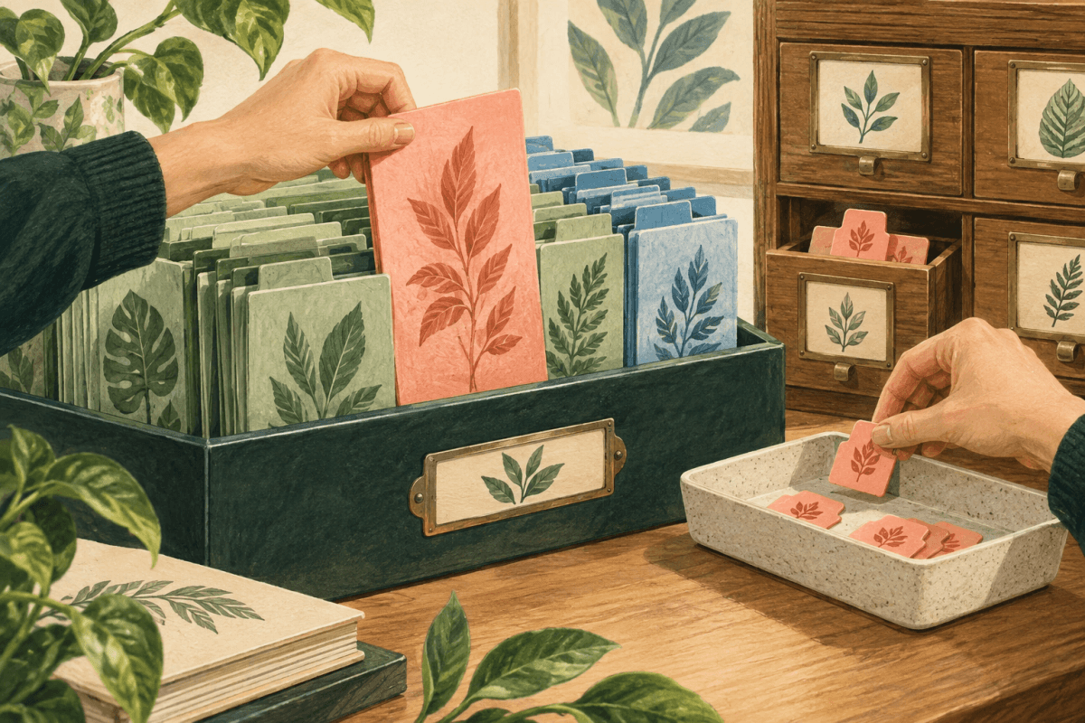A coral file leaf and matching index tabs are collected from an otherwise intact botanical archive.