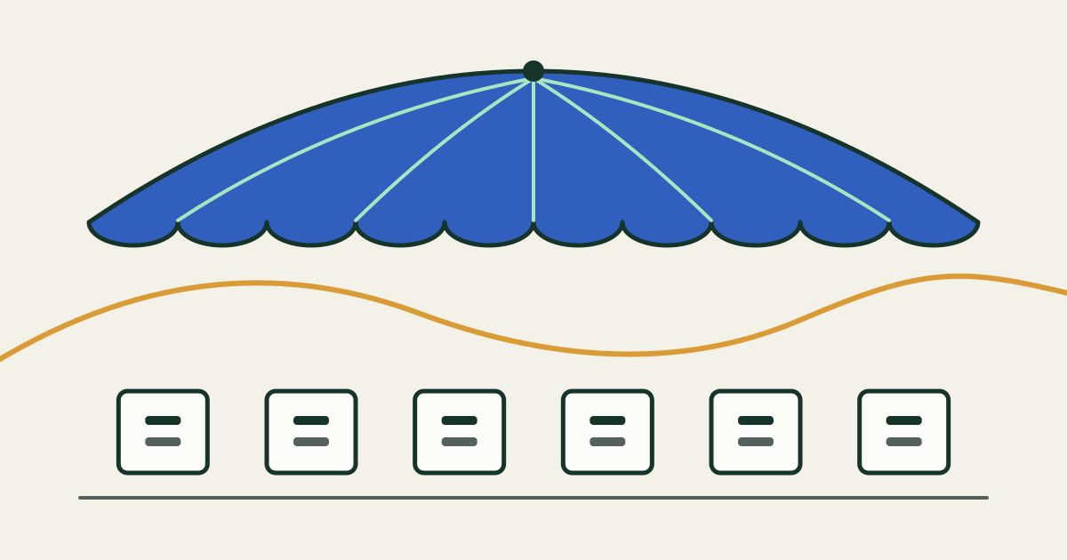 A broad blue canopy with a scalloped lower edge stretches across the top of the frame over a row of six small white origin blocks on a ground line, while a single narrow amber path curves beneath the canopy from the left edge to the right.