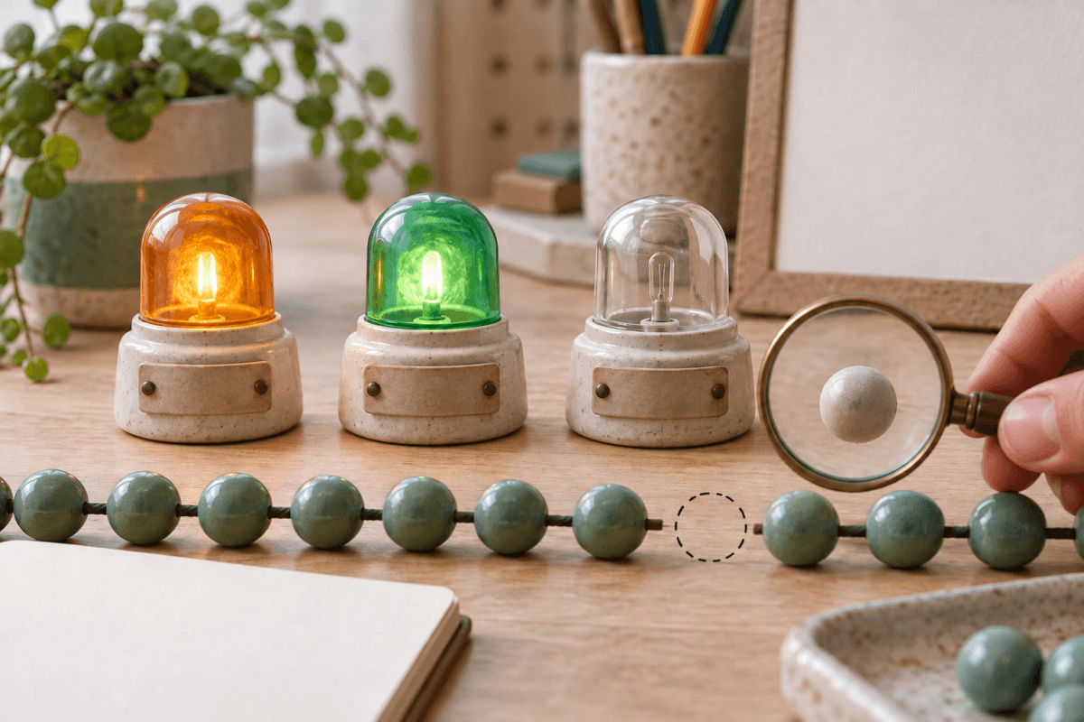 Amber, green and unlit ceramic lamps sit beside a gap in a string of signal beads and a magnifying glass.