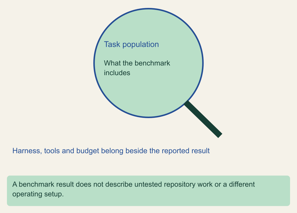 A magnifying lens frames the benchmark task population, with harness, tools and budget retained beside the reported result.
