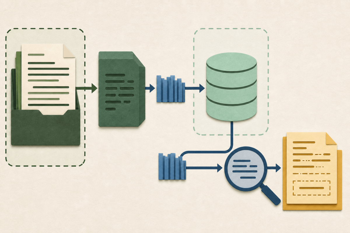 Conceptual illustration of source text entering an encoder and vector repository, with an export route leaving the repository boundary toward an analysis lens and an incomplete reconstructed page.