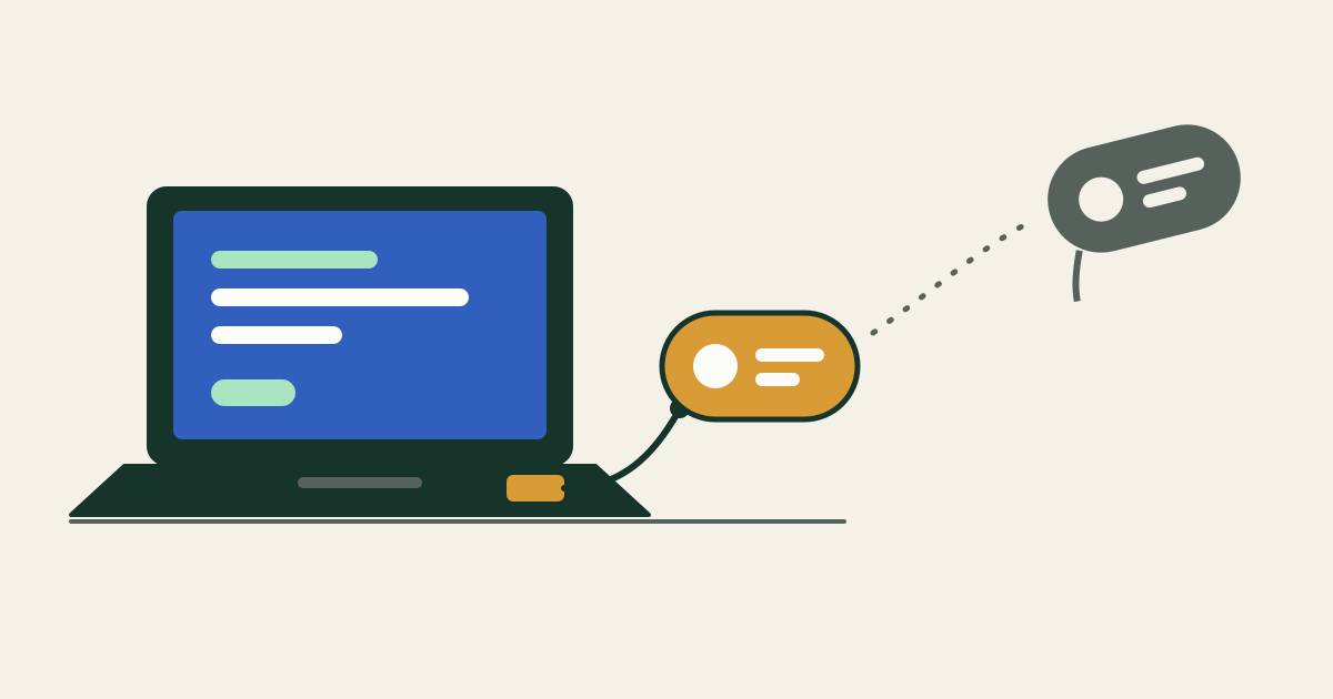 A dark laptop on the left holds an amber rounded token on a short spruce tether tied to a small amber chip in its base, while a slate copy of the token with a cut tether drifts up and away toward the right edge along a dotted path.