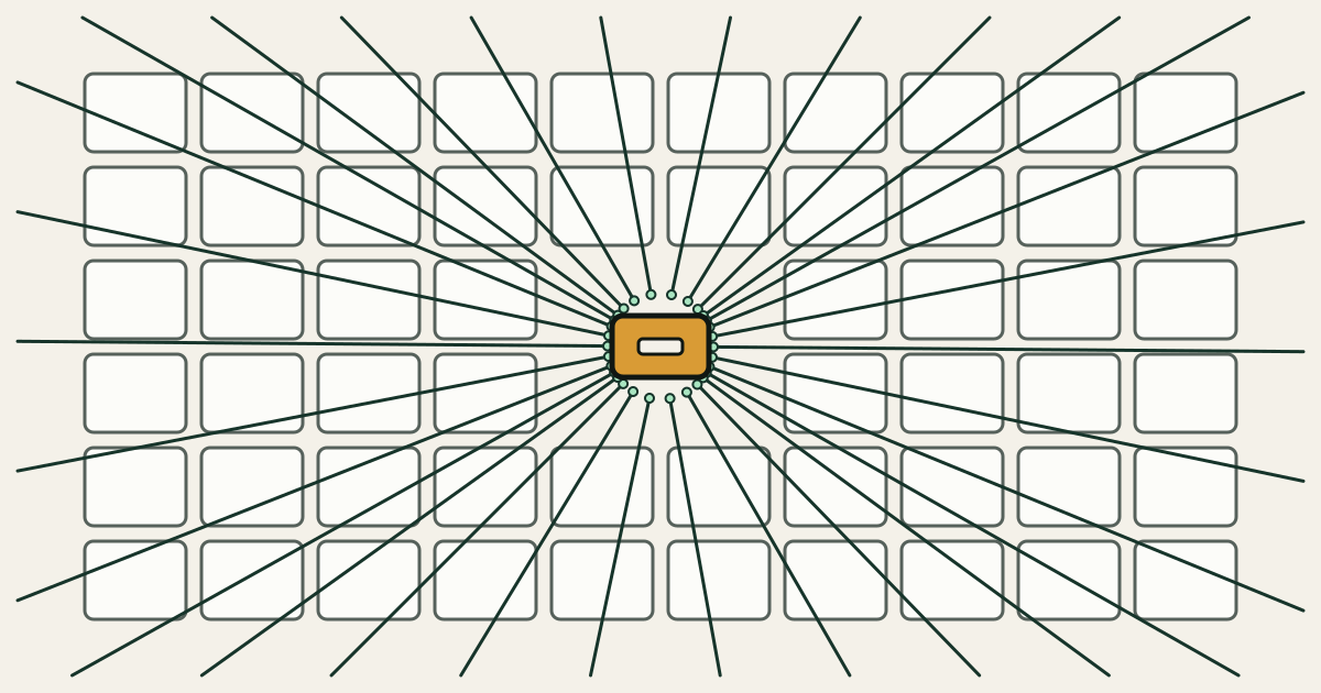 A small amber rectangle pinned at the centre of a large pale grid while many thin spruce lines converge on it from every edge of the canvas.