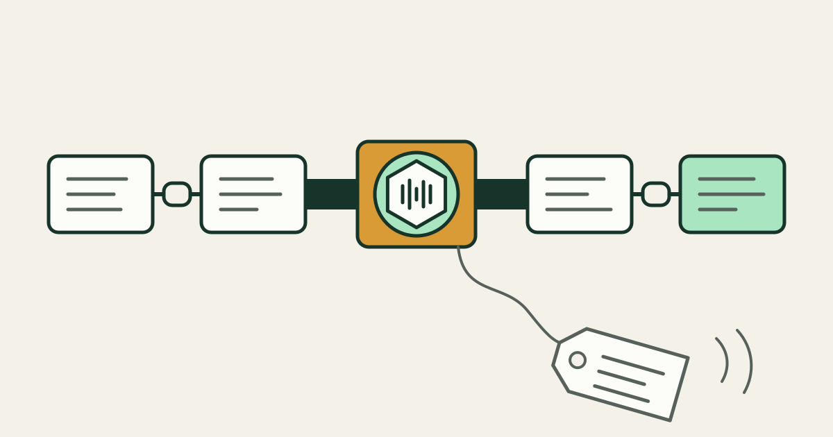 A horizontal chain of workflow blocks. One amber external block is fastened to the chain by a large engraved bolt, while a loose luggage tag on a slack string drifts below it.