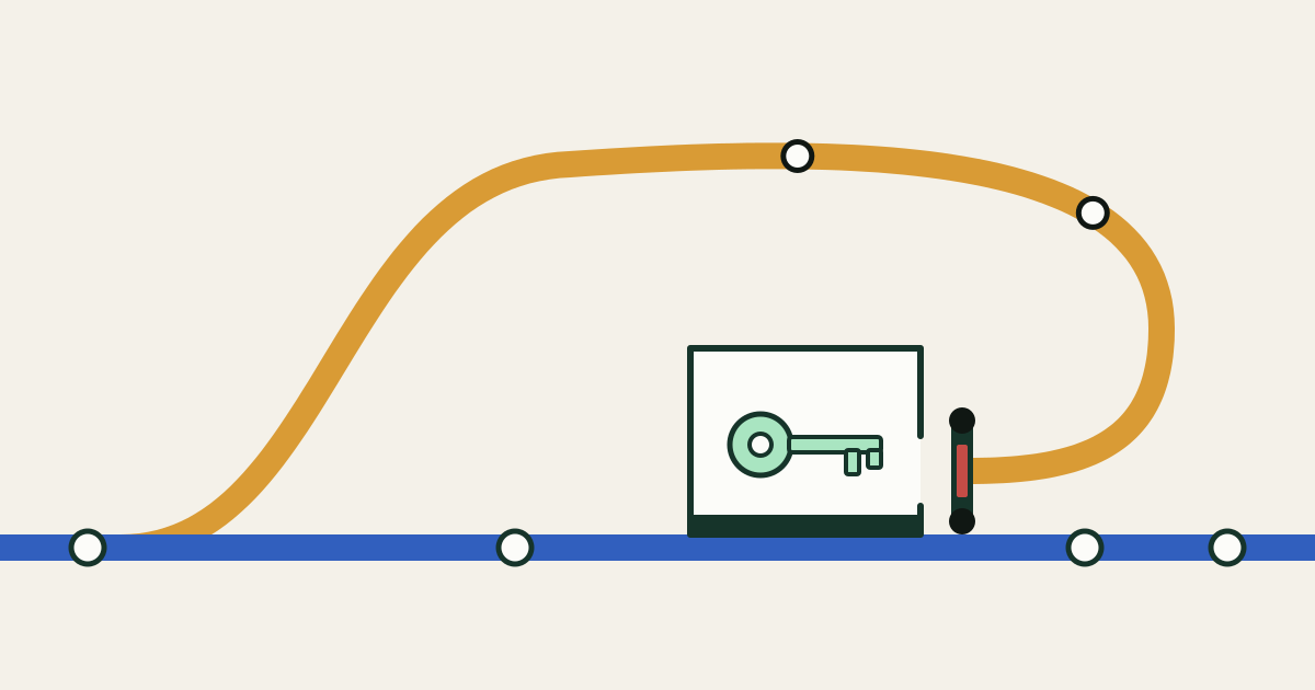A thick blue main line crosses the lower canvas while an amber branch leaves it, rises in a wide loop and curls back down toward a small white room on the main line that holds a mint key; a closed gate, a dark spruce bar with a red latch between two posts, stands across the end of the returning branch just before the room's open side.