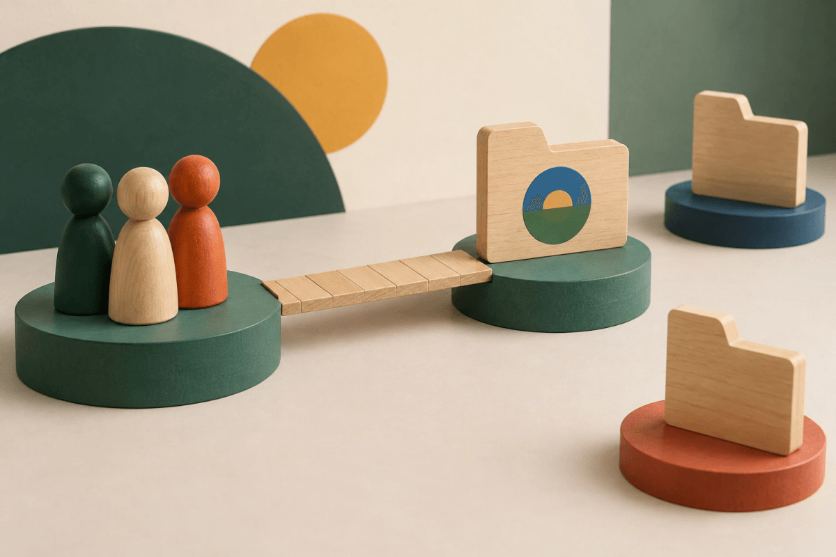 Wooden figures share a platform connected by one bridge to a project folder on a green base.