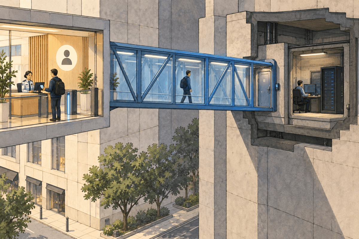 An enclosed blue walkway passes through an identity checkpoint to a maintenance room inside a building.