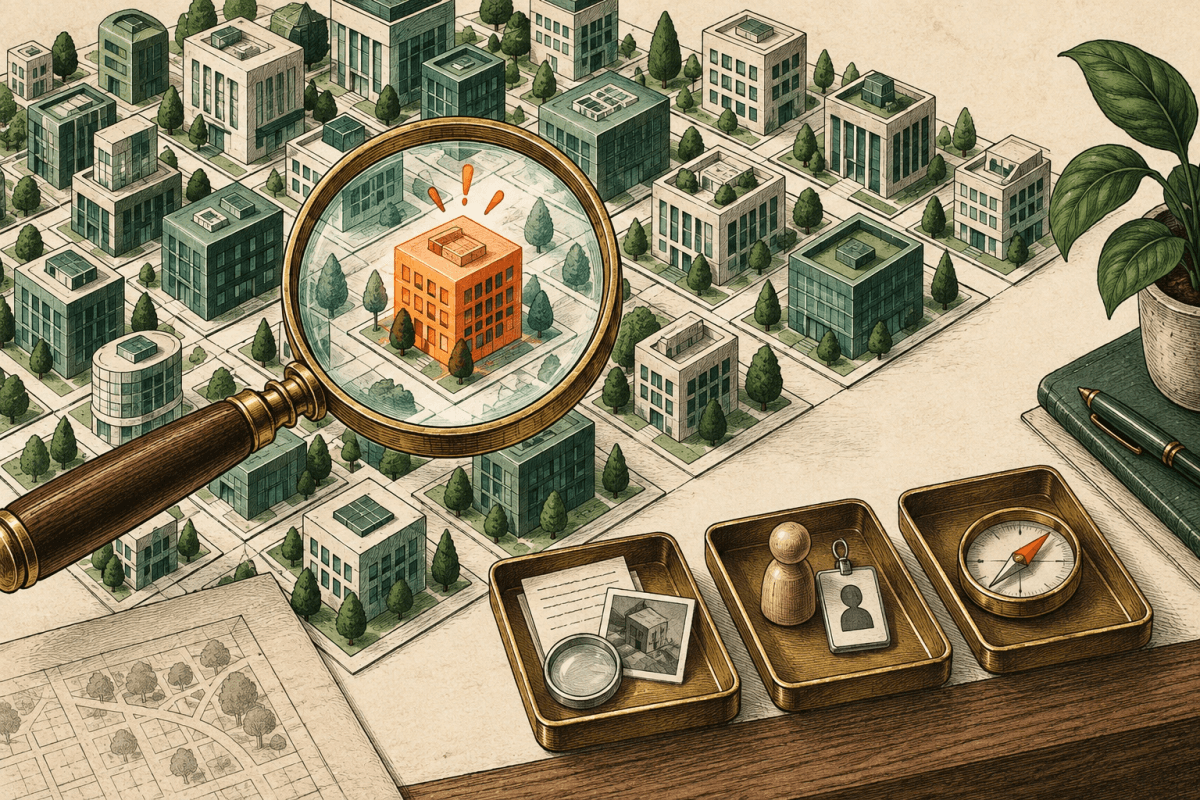 A magnifying lens examines an orange building in a miniature town beside trays holding evidence, an identity card and a compass.