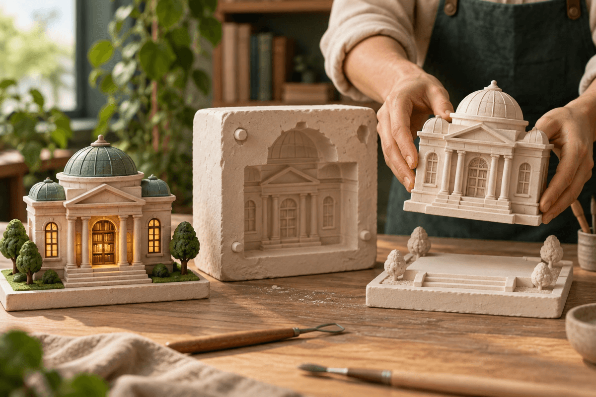 Hands lift a miniature building from a mold beside an intact model on a separate base.
