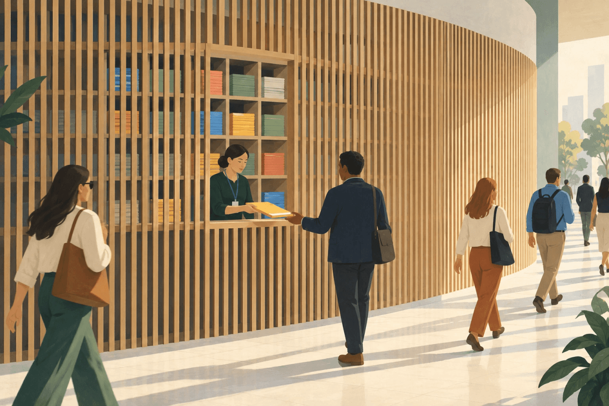 A louvered screen separates document cubbies from a public promenade while an attendant retains an interior opening.