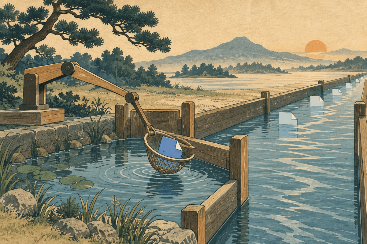 A retrieval net catches a blue document in a water channel before it passes beyond the bounded section.