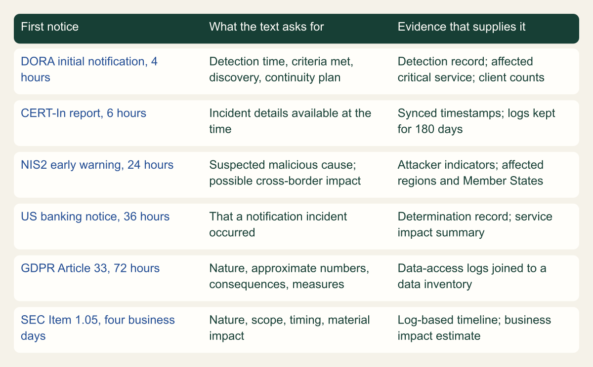 Matrix of six first notices. DORA initial, 4 hours: detection time, criteria met, discovery and continuity plan; evidence is the detection record, affected critical service and client counts. CERT-In, 6 hours: incident details available so far; evidence is synced timestamps and 180 days of logs. NIS2 early warning, 24 hours: suspected malicious cause and possible cross-border impact; evidence is attacker indicators and affected regions. US banking, 36 hours: that a notification incident occurred; evidence is the determination record and a service impact summary. GDPR, 72 hours: nature, approximate numbers, consequences and measures; evidence is data-access logs joined to a data inventory. SEC Item 1.05, four business days: nature, scope, timing and material impact; evidence is a log-based timeline and a business impact estimate.