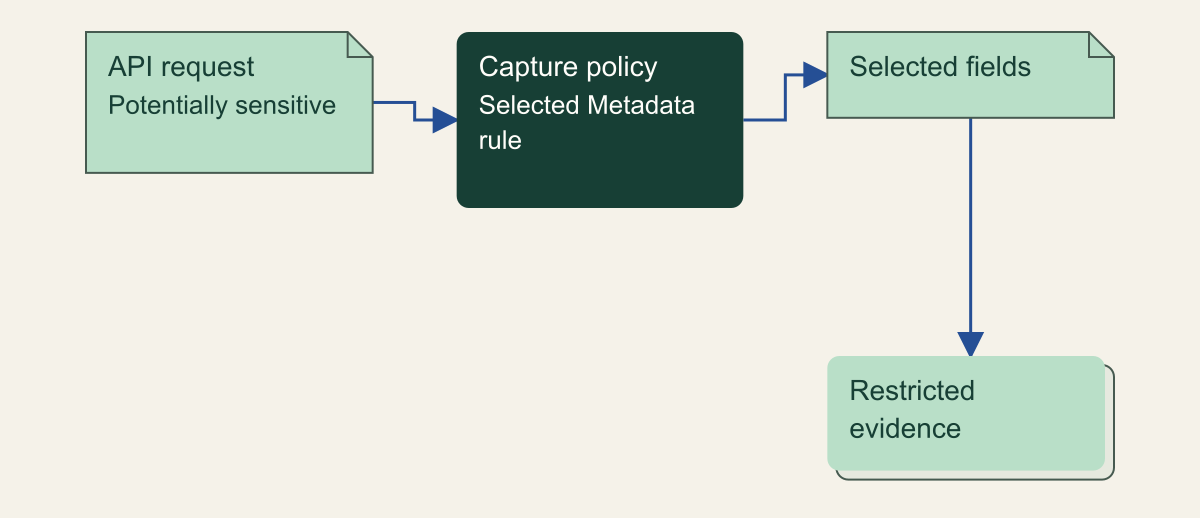 A potentially sensitive API request crosses an explicit capture policy; selected metadata then reaches a restricted audit destination.