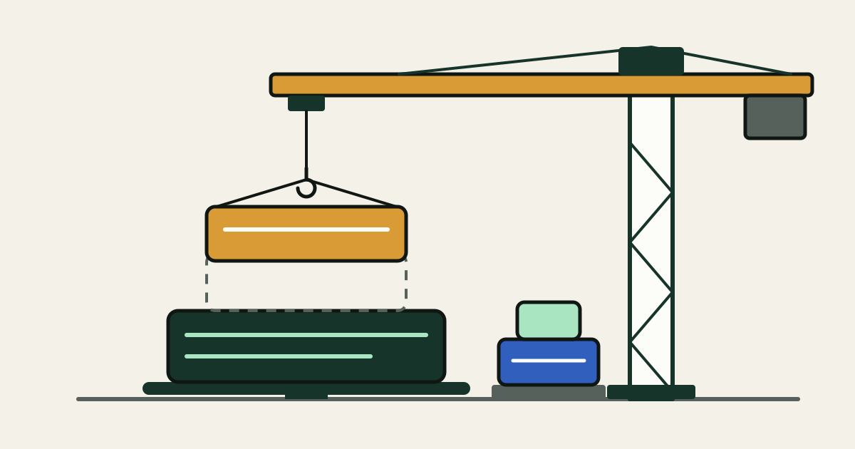 A tower crane lowers an amber cake tier onto a dark green bottom tier already resting on its stand, toward a dashed landing outline, while two smaller tiers wait on a pallet beside the crane.