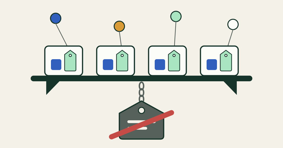 A horizontal shelf holds four pods. Each pod hangs a thin mint tag tied by a fine line to its own small issuer circle above. Below the shelf, a heavy slate tag on a thick chain hangs greyed out and crossed by a red bar.