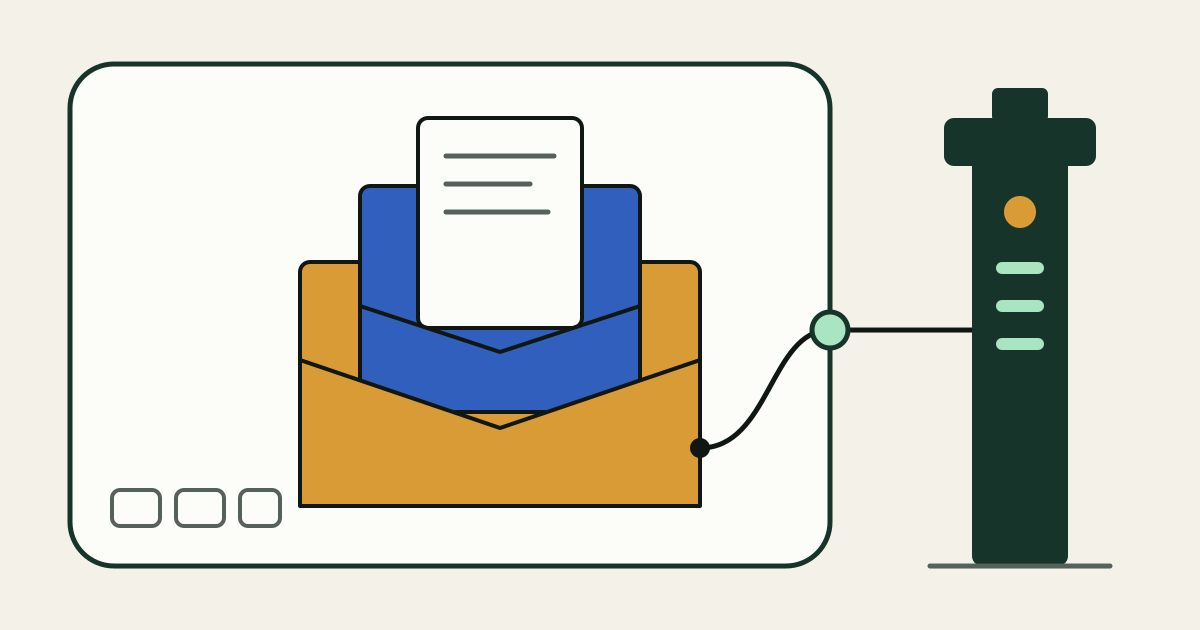 Three nested envelopes sit inside a rounded cluster outline. A taut line runs from the outermost envelope through a small port on the cluster edge to a tall key tower standing outside the cluster.