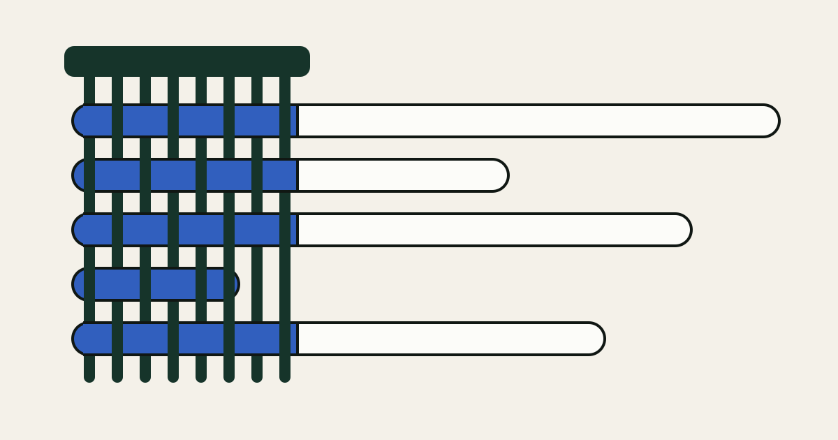 A dark spruce comb with a horizontal spine and eight evenly spaced vertical teeth stands at the left. Five horizontal strips of different lengths thread through the teeth; each is blue only where it passes through the comb and plain white with an ink outline beyond it, and the shortest strip is blue along its whole length.