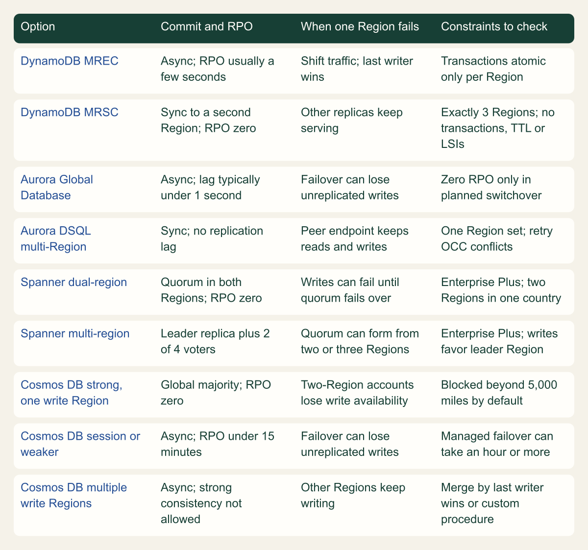 Matrix of nine managed configurations with columns for commit path and RPO, behavior when one Region fails, and main constraints, covering DynamoDB MREC and MRSC, Aurora Global Database, Aurora DSQL multi-Region, Spanner dual-region and multi-region, and three Cosmos DB configurations.