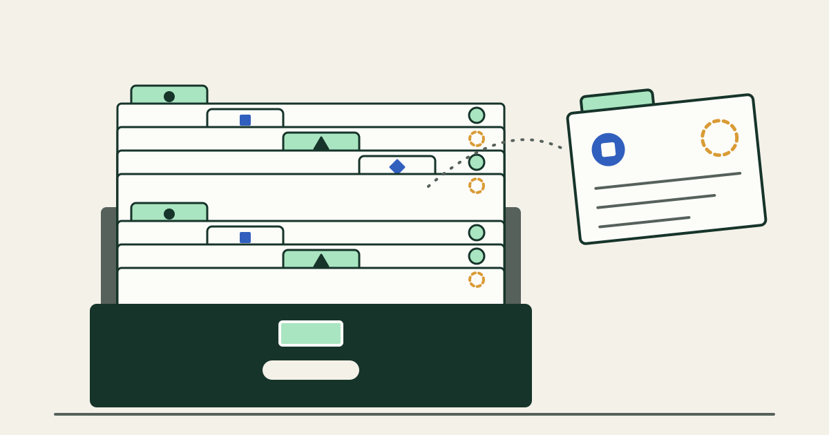 An open card catalog drawer holds a row of staggered index cards, each with a small shape on its tab; most cards carry a round green owner stamp, while three show only an empty dashed outline. One card lifted above the drawer has ruled lines, a blue symbol and an empty stamp outline.