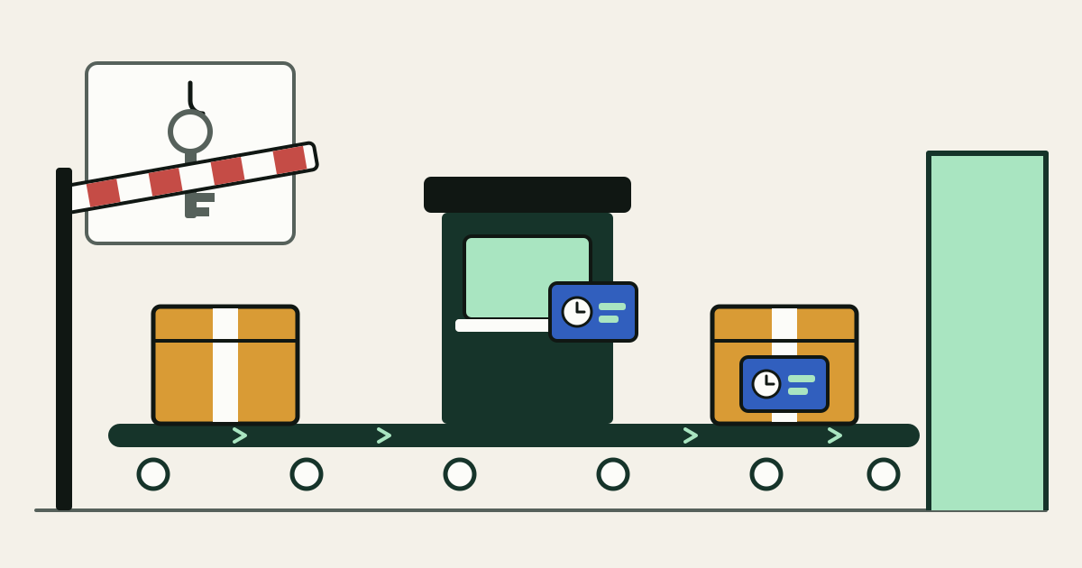 A parcel on a conveyor passes a booth that hands out a blue pass marked with a clock face; past the booth the parcel carries the pass toward an open dock door, while an old key hangs on a wall hook behind a striped barrier.