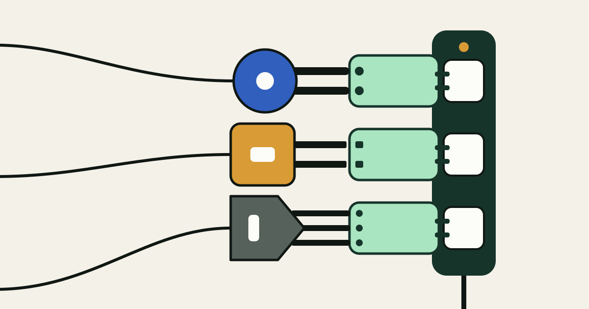 Three plugs with different heads, a round head with two round pins, a square head with two flat blades and a pointed head with three pins, each enter their own mint adapter, and all three adapters plug into identical sockets on one dark green socket strip.