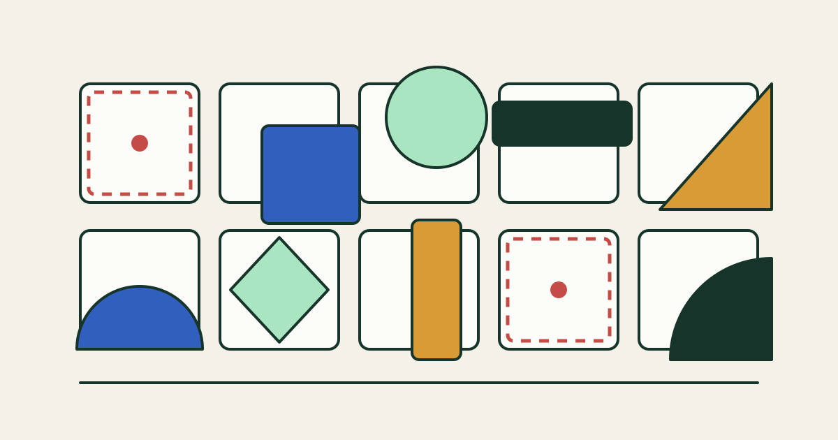 Ten square tiles in two rows of five. Eight are partly covered by different flat shapes in blue, mint, amber and dark green; two tiles carry a dashed red outline and no covering shape.