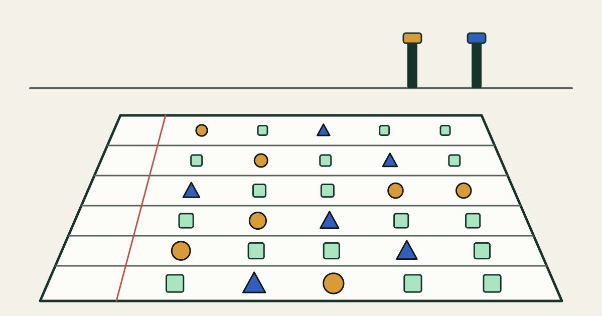 A ruled ledger sheet spread across the frame, its rows marked with circles, triangles and squares in amber, blue and mint, beneath a far horizon line carrying two upright posts.
