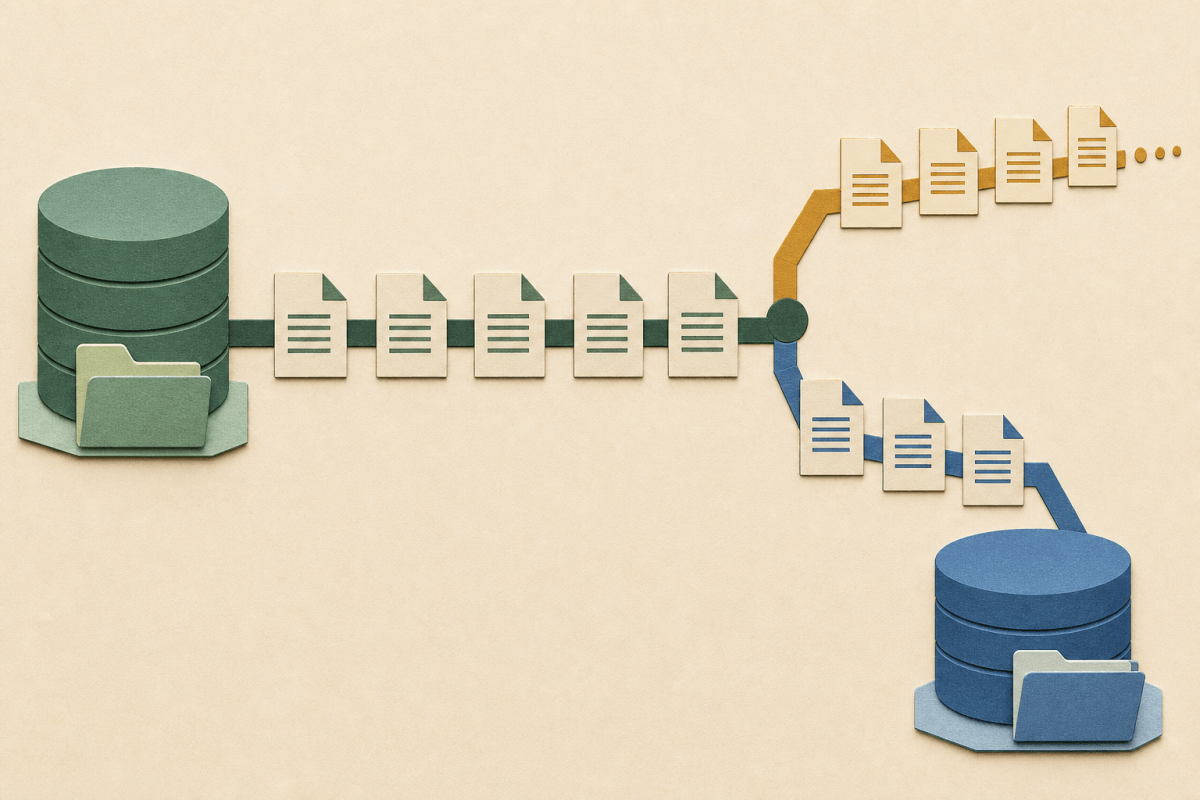 Conceptual illustration of a base backup followed by a shared WAL chain that splits into two history branches. The selected branch reaches a recovered database while the alternative branch continues separately. No measured recovery time is depicted.