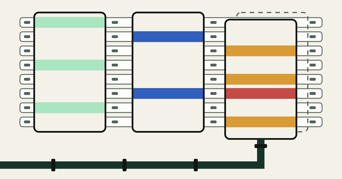 A grid of eight white table rows crossed by three black-framed windows. The first two windows show only mint rows or only blue rows. The third, fed by a dark green pipe along the bottom, sits below and left of a dashed outline and shows amber rows plus one red row it should not.