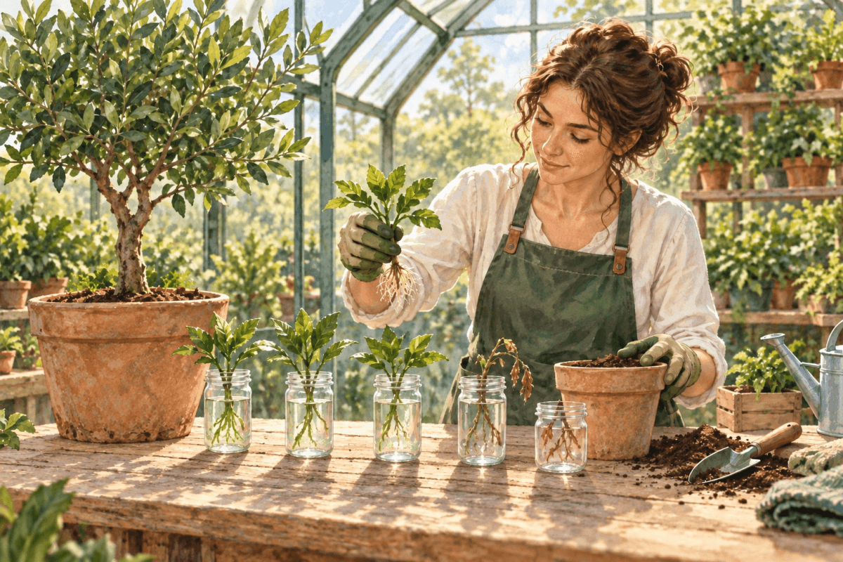 A gardener selects a preserved cutting beside a living tree and a separate new pot.