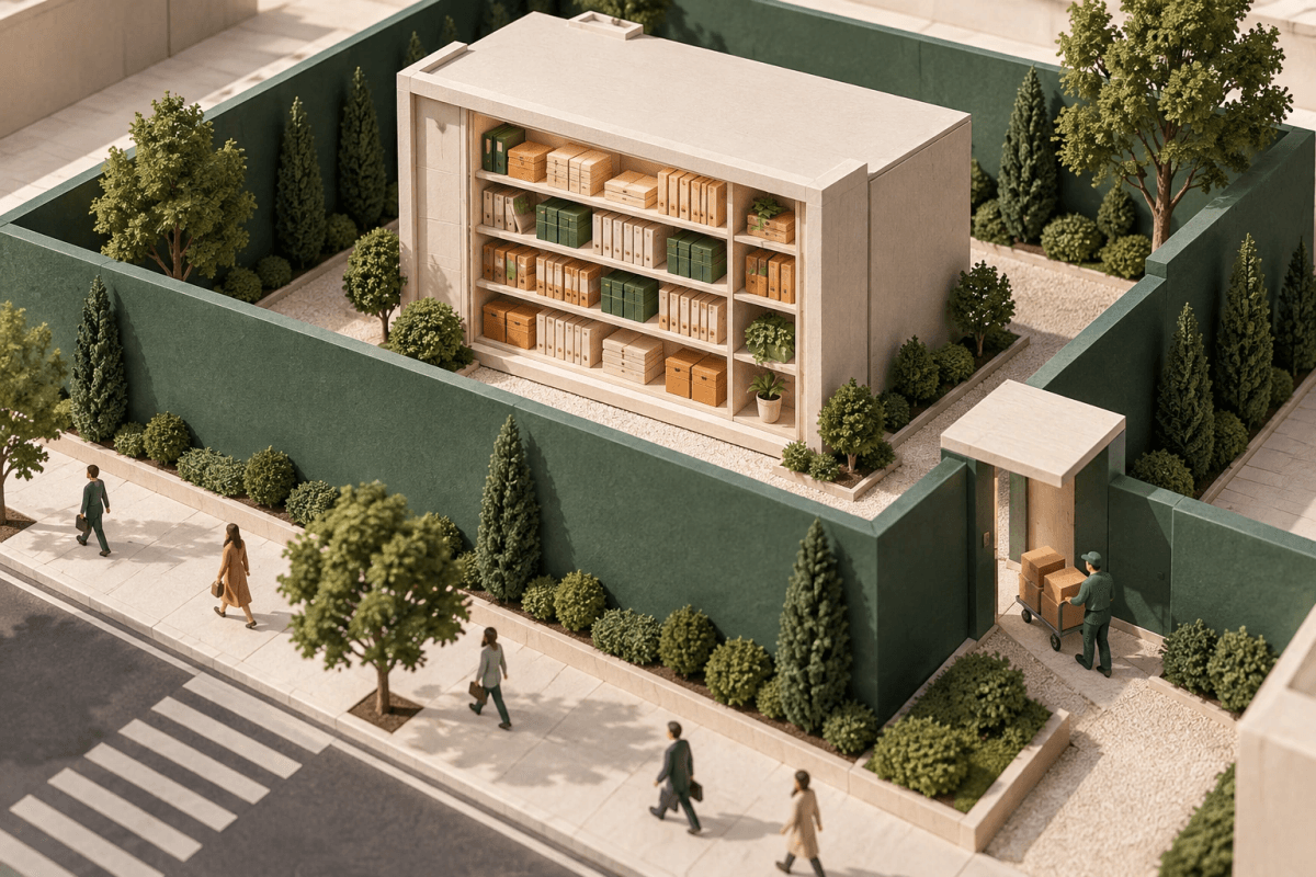 An archive stands inside a spruce courtyard with a separate narrow entrance for approved retrieval.