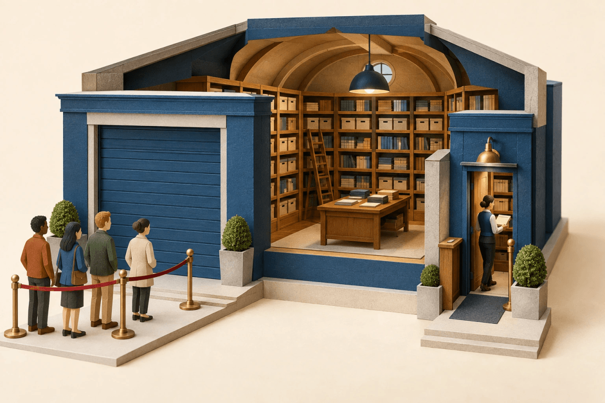 Conceptual illustration of a public entrance blocked while a separate approved retrieval route remains available.