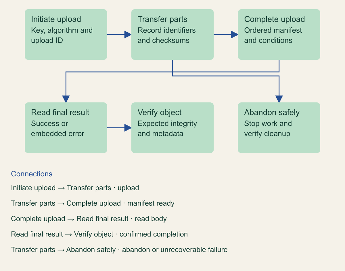 An owned part manifest leads to a complete result and object verification; abandoned uploads require separately verified cleanup.