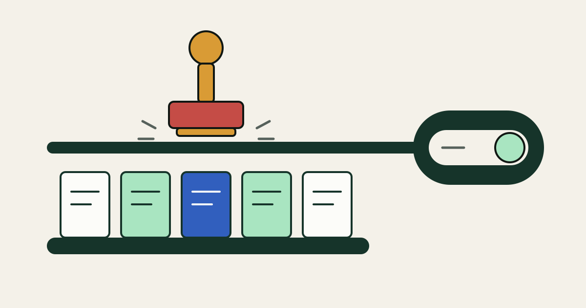 A row of unsealed objects rests in a tray. Above them, a seal stamp held by an outsider is stopped on a bar that extends from a switch set to the blocked position.